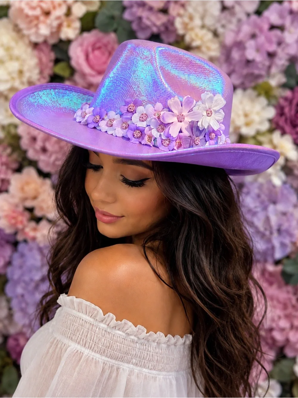 Iridescent Purple Cowboy Hat with Handmade Floral Hat Band